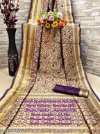 Jacquard Saree With Blouse For Women (Golden& Dark Red, 6.3M)