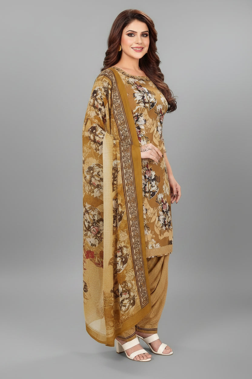 Women’s Printed Crepe Unstitched Dress Material – Elegant Ethnic Fabric (Beige, 2M)