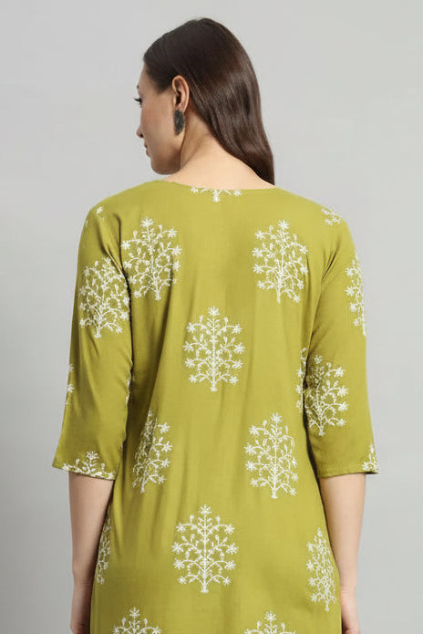 Printed Rayon Green Short Kurti For Girls and Women