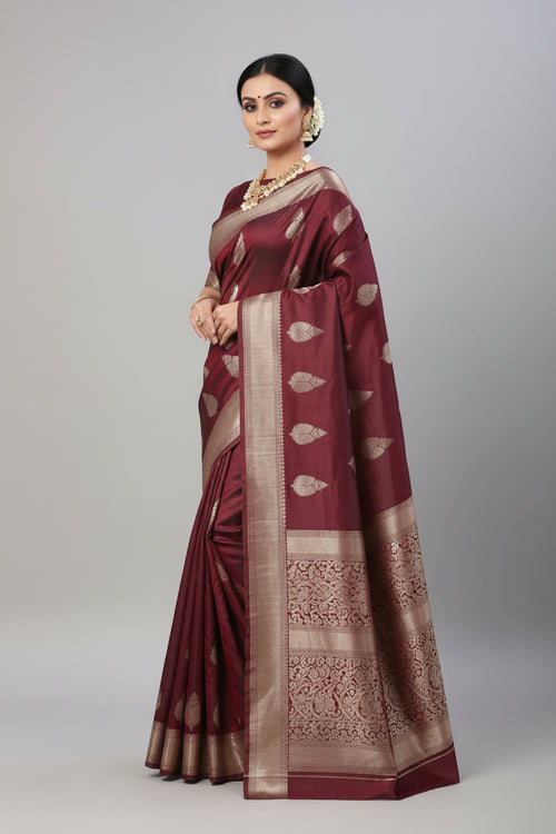Art Silk Saree With Blouse For Women (Dark Red, 6.3M)