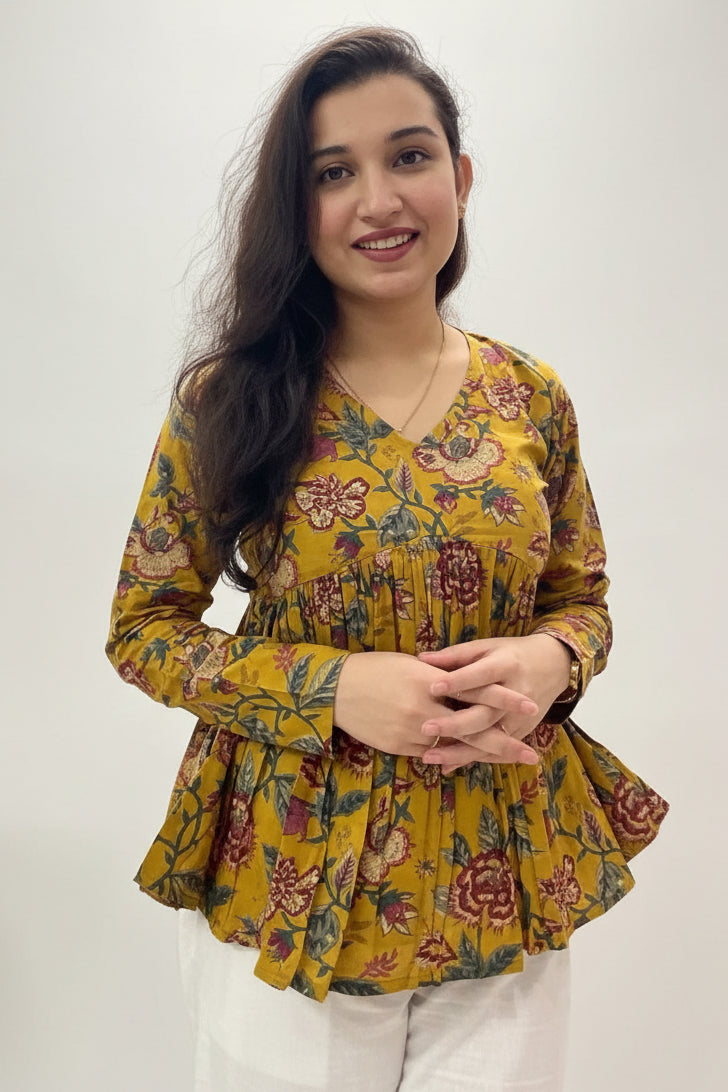 Women's Floral Empire Top – Stylish Rayon Casual Top for Girls & Women (Mustard)