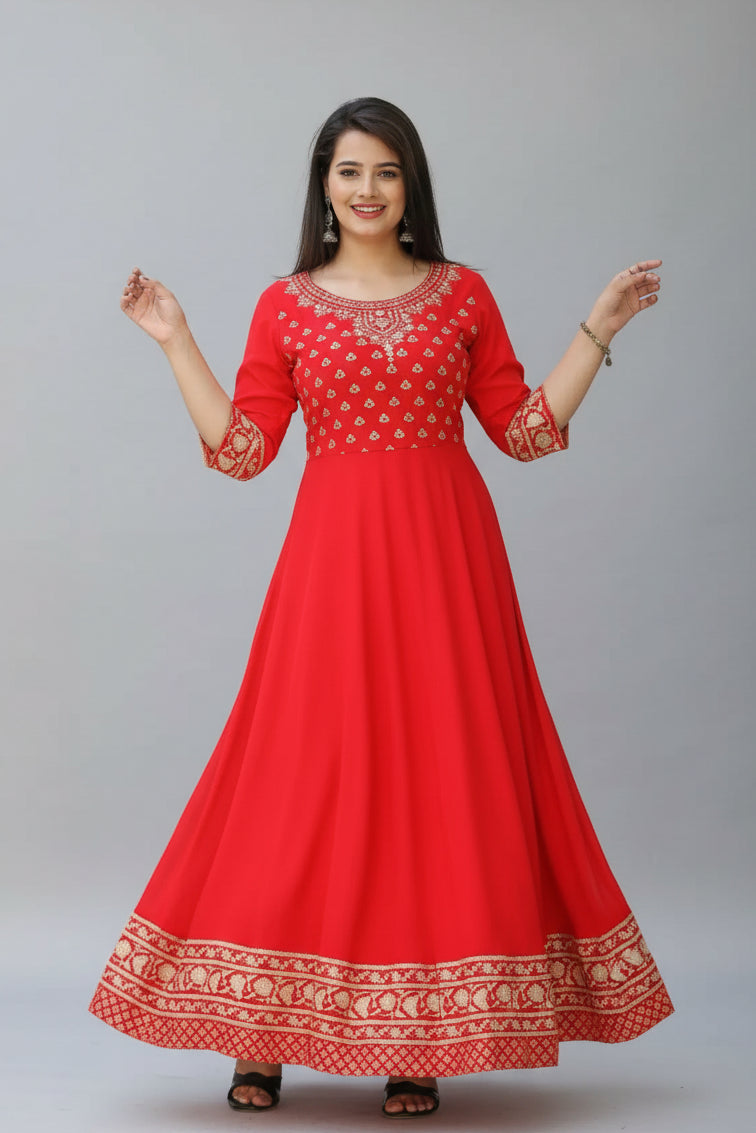 Women's Rayon Printed Anarkali Kurti – Elegant Ethnic Wear (Red)