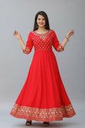 Rayon Printed Anarkali Kurti for Women (Red, S)