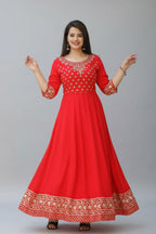 Women's Rayon Printed Anarkali Kurti – Elegant Ethnic Wear (Red)
