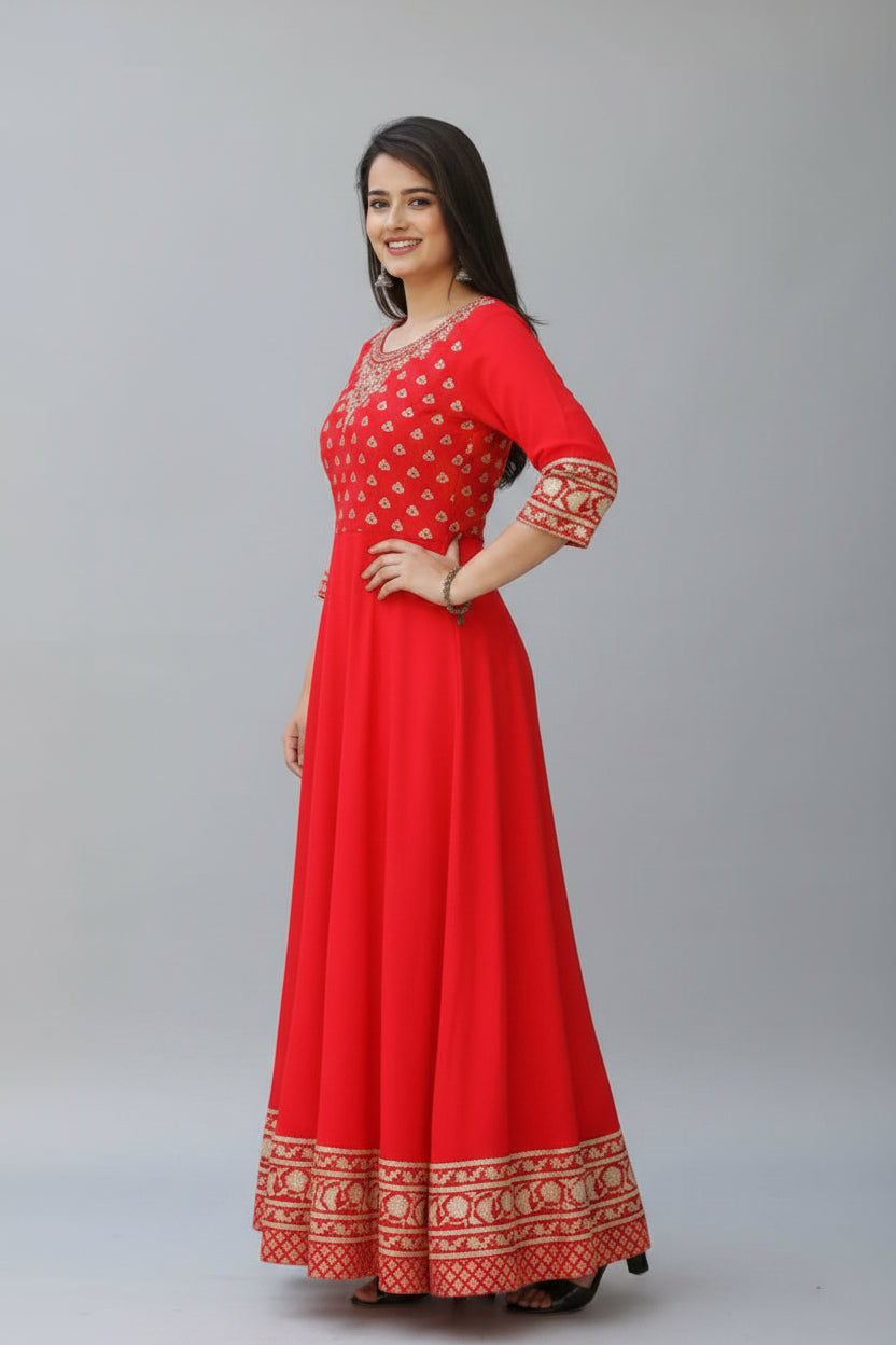 Women's Rayon Printed Anarkali Kurti – Elegant Ethnic Wear (Red)