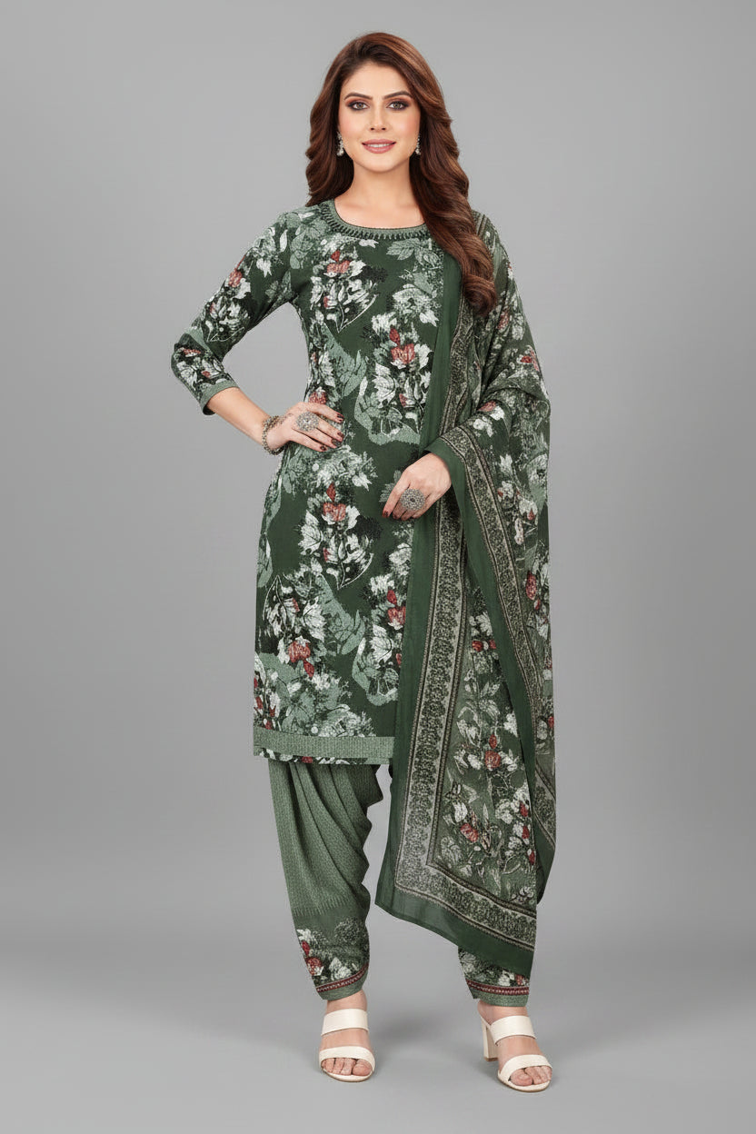 Women’s Crepe Printed Unstitched Dress Material – Elegant Ethnic Fabric (Green, 2M)