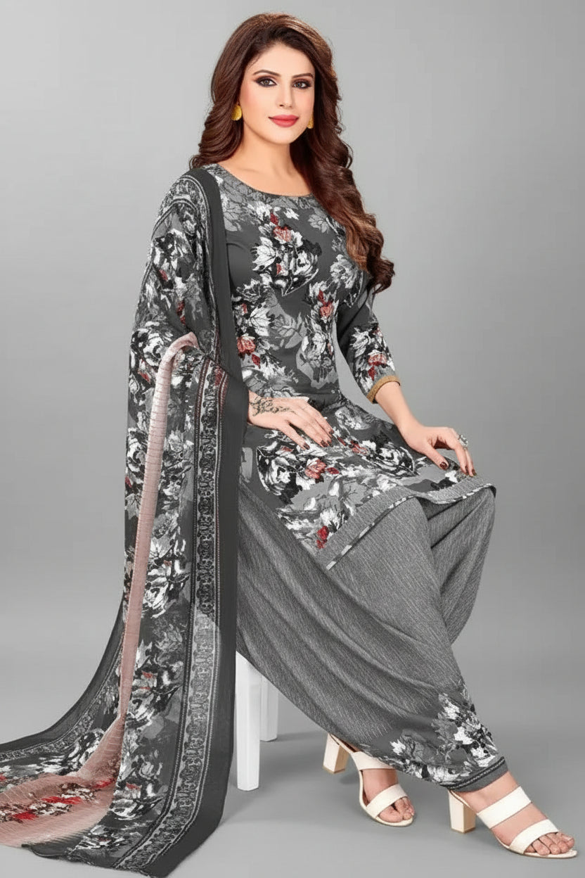 Women’s Crepe Printed Unstitched Dress Material – Elegant Ethnic Fabric (Grey, 2M)