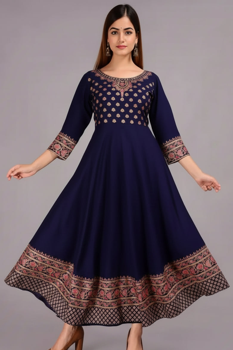 Women's Rayon Printed Anarkali Kurti – Elegant Ethnic Wear (Blue)