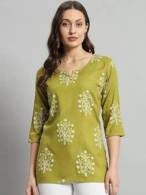 Printed Rayon Green Short Kurti For Girls and Women