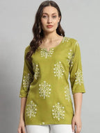 Printed Rayon Green Short Kurti For Girls and Women