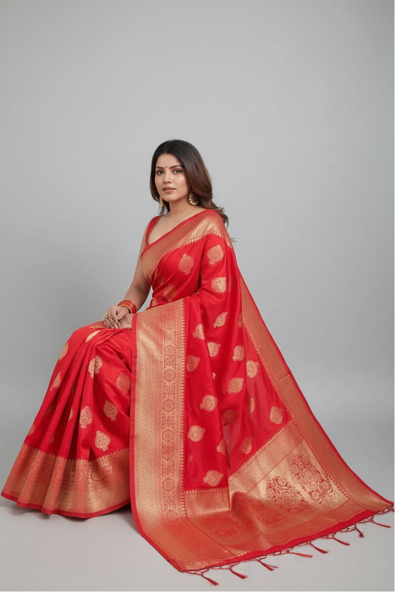 Women’s Jacquard Printed Saree – Elegant Traditional Wear (Red, 6.3M)